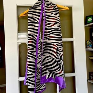 Henri Bendel silk scarf signature brown stripe and purple accents